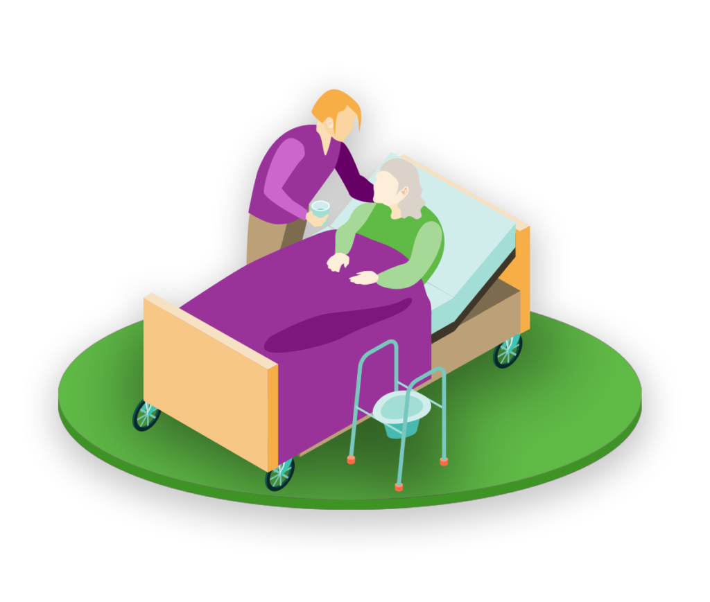 Animierte Darstellung von einer Pflegebedürftigen im Bett neben einer Pflegehilfskraft